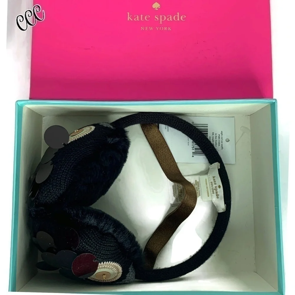 Kate Spade Owl Earmuffs in Box NWT Black Sequins